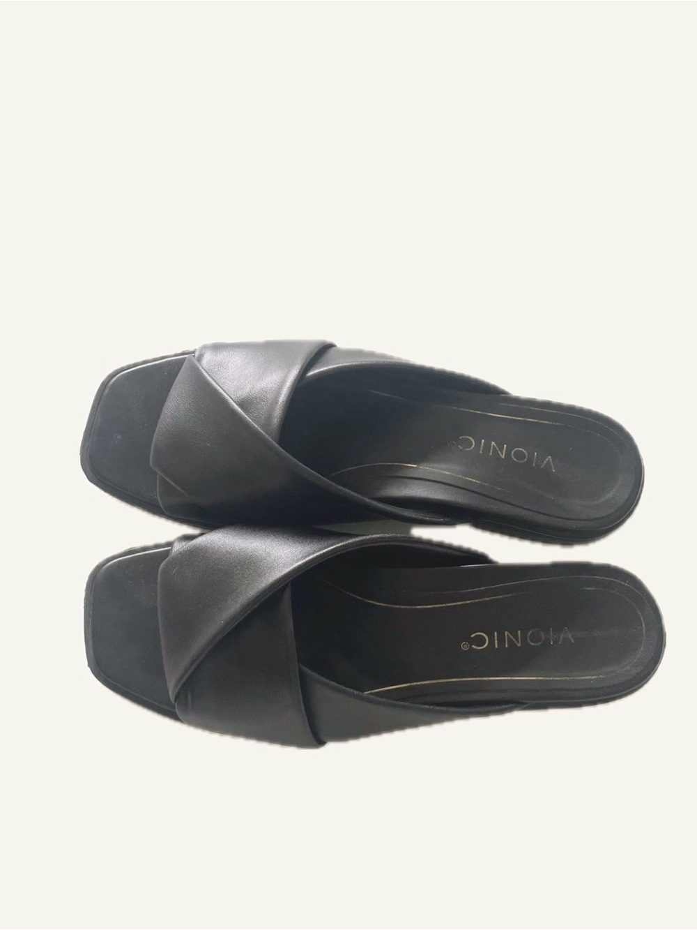 Vionic Black Leather Crisscross Slide Mules